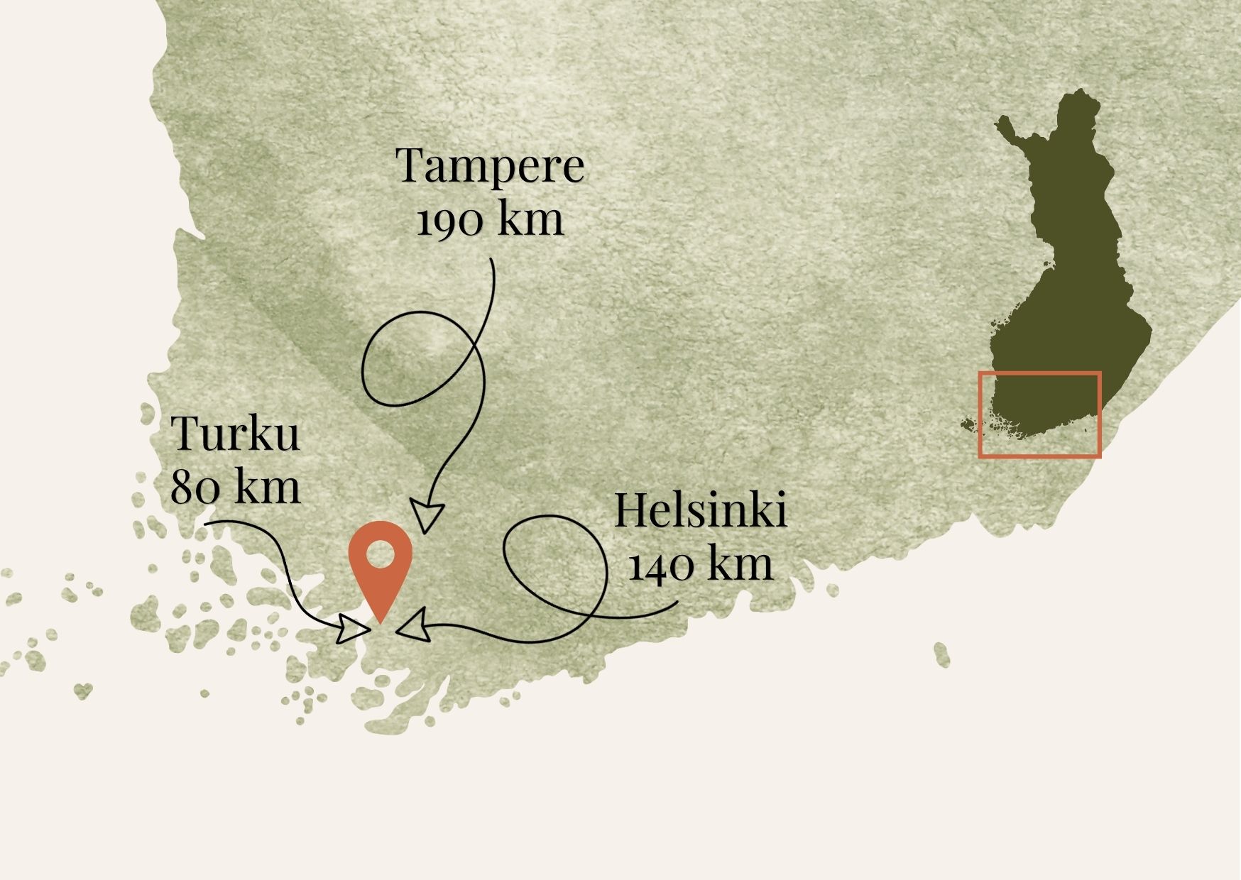 Mathildedal sijaitsee lähellä, lyhyen ajomatkan päässä Helsingistä, Turusta ja Tampreelta.